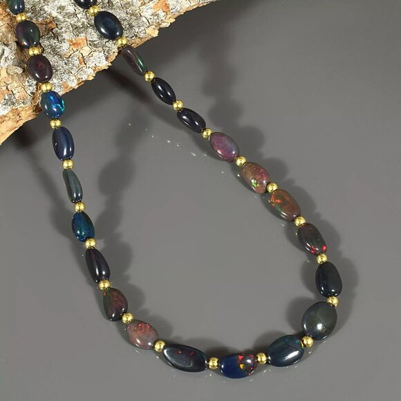 Natural Fire Black Opal Oval Beads Chain 18